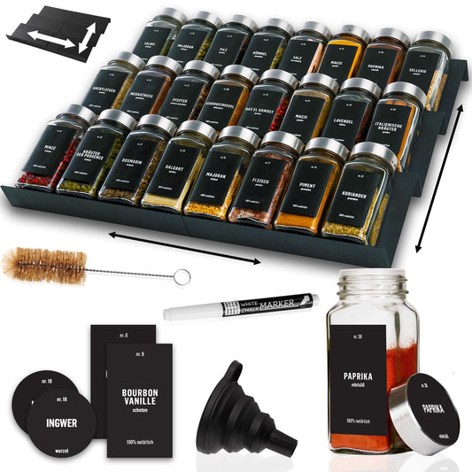 Gewürzgläser-Set mit Schubladeneinsatz, 24 Stk, aus Teilen, Schwarz, Deckel Edelstahl