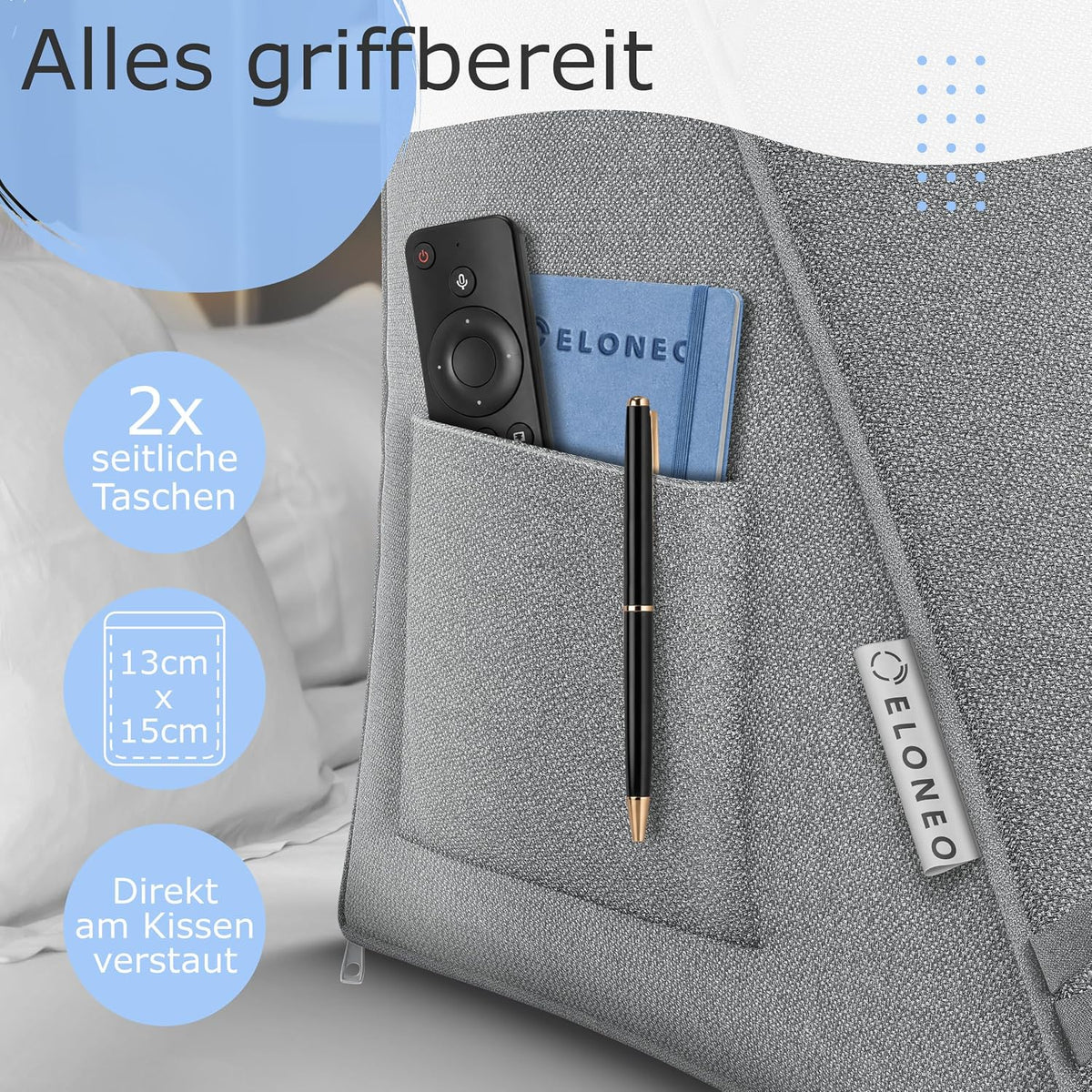 Verstellbares Rückenkissen mit Nackenrolle, Grau 50 cm