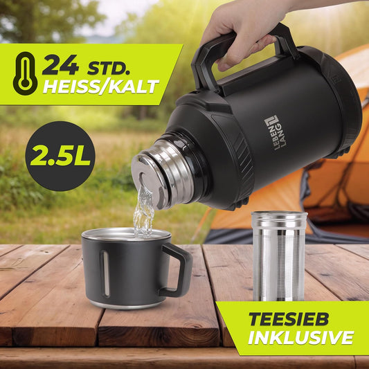 Outdoor-Thermosflasche mit Becher, Teesieb und Tragegurt, 2500 ml