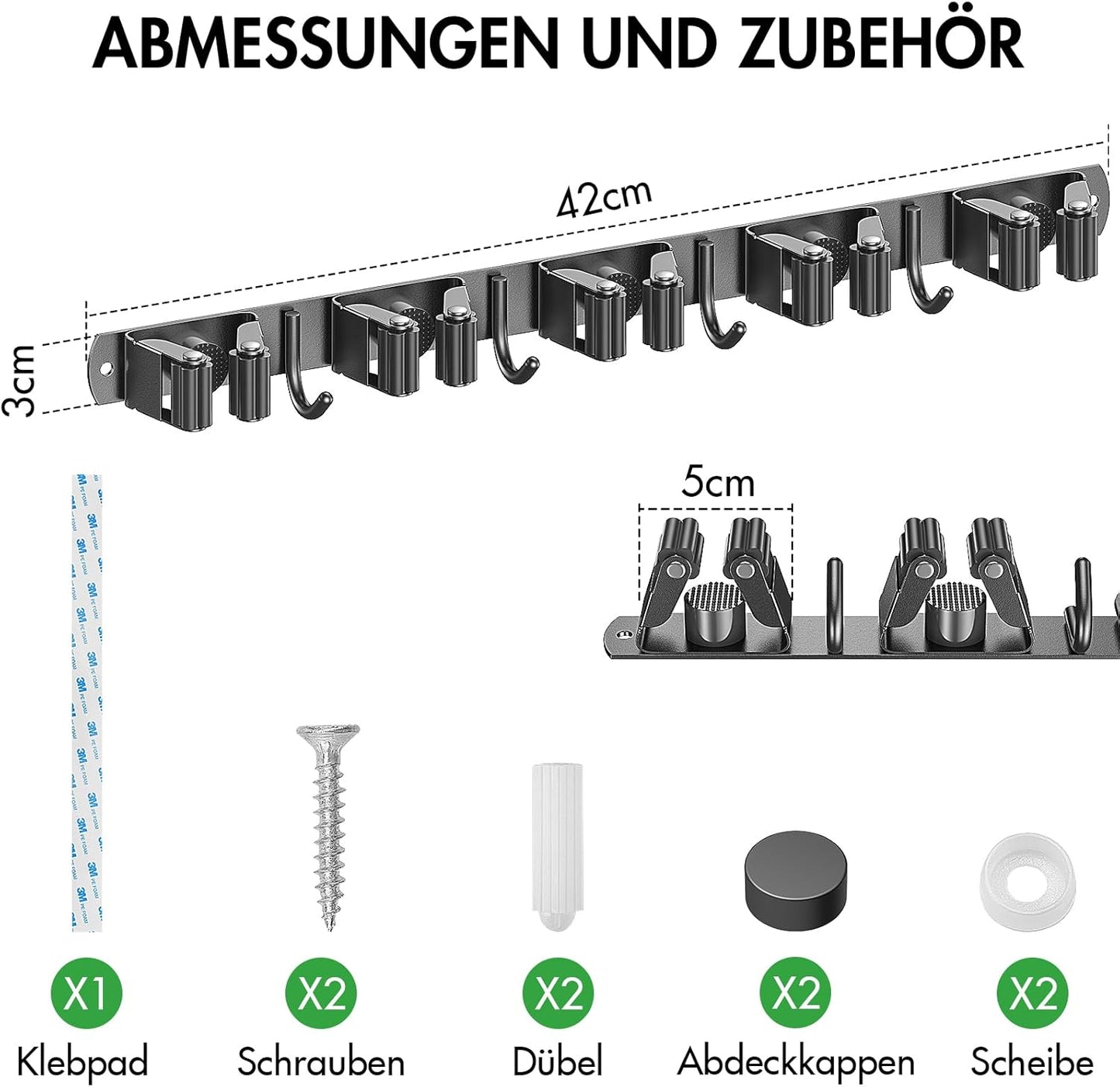 Besenhalterung mit 5 Halter und 4 Haken, L Schwarz