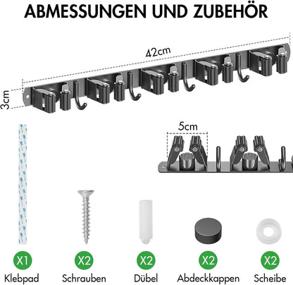 Besenhalterung mit 5 Halter und 4 Haken, L Schwarz