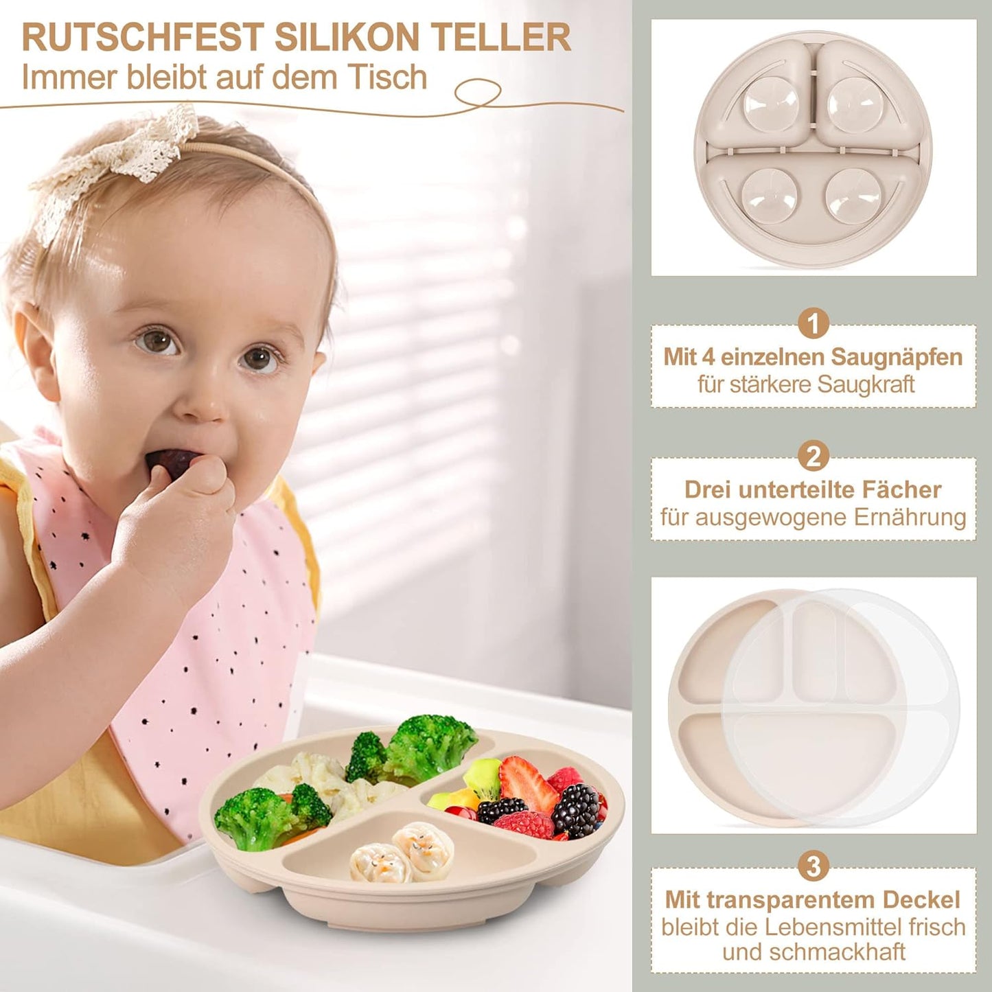 7-teiliges Baby-Geschirrset mit Saugnapf, Beige