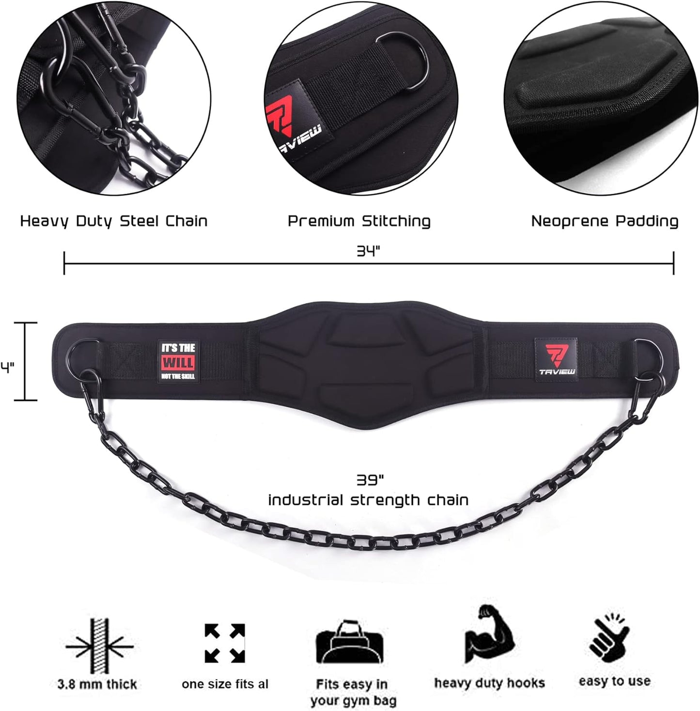 Dip Gürtel mit Kette für Pullups und Dips, Schwarz