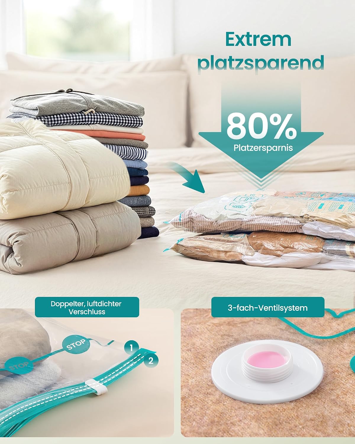 12er-Pack Vakuumbeutel-Set für Kleidung, 12 Beutel (3S+3M+3L+3J)