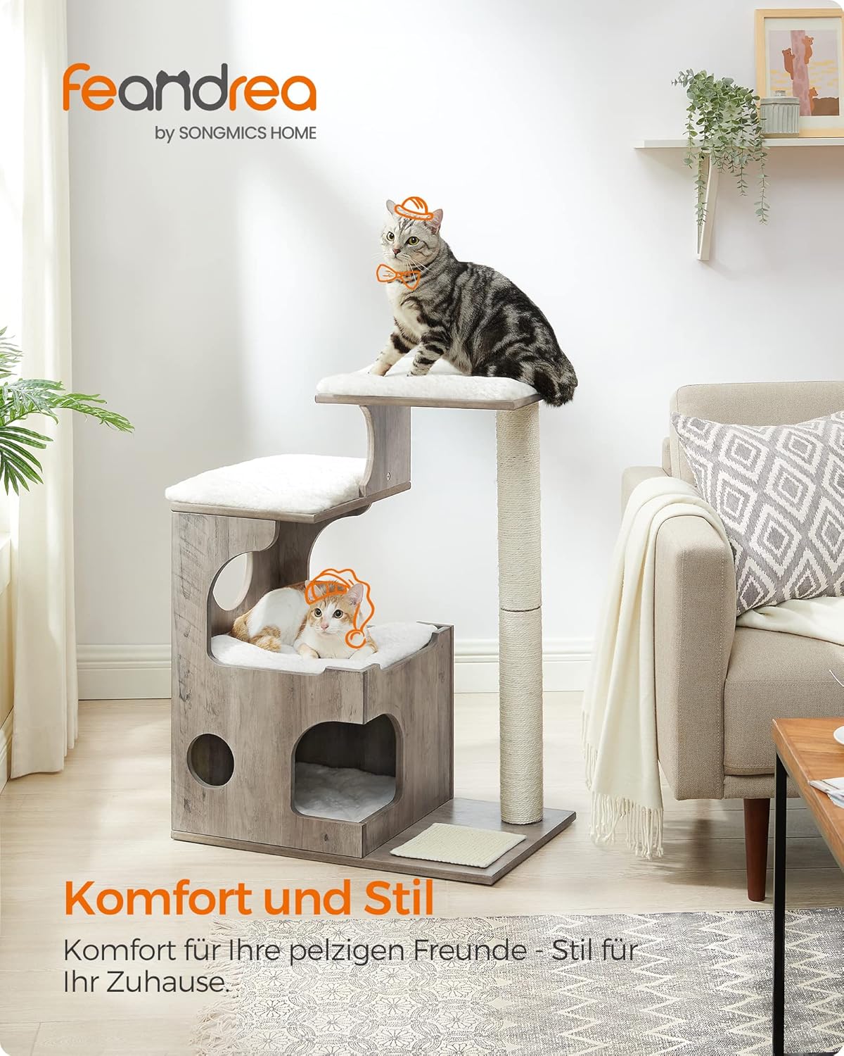 Kompakter Katzenkratzbaum mit Höhle und Liegeflächen, greige
