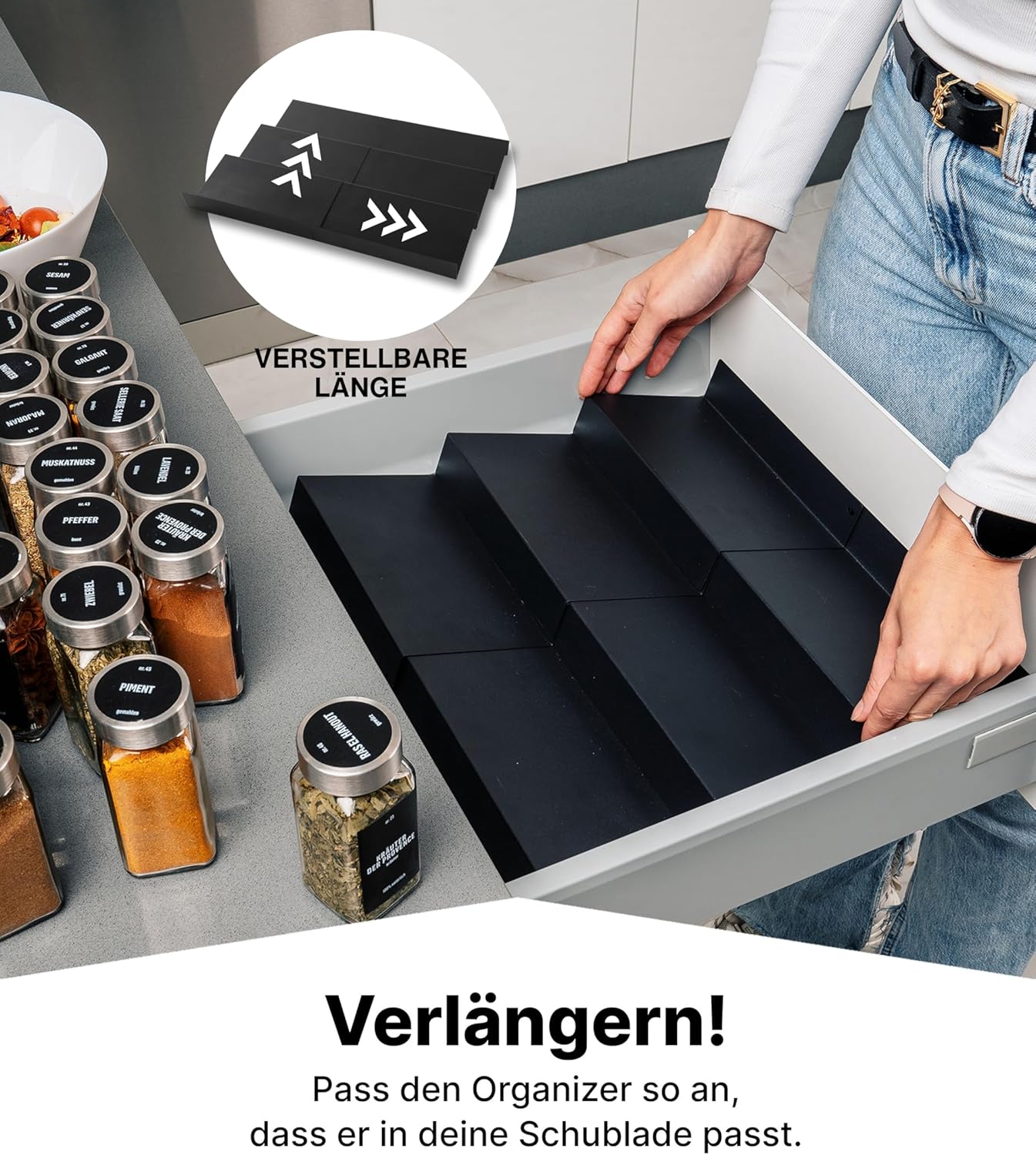 Gewürzgläser-Set mit Schubladeneinsatz, 24 Stk, aus Teilen, Schwarz, Deckel Edelstahl