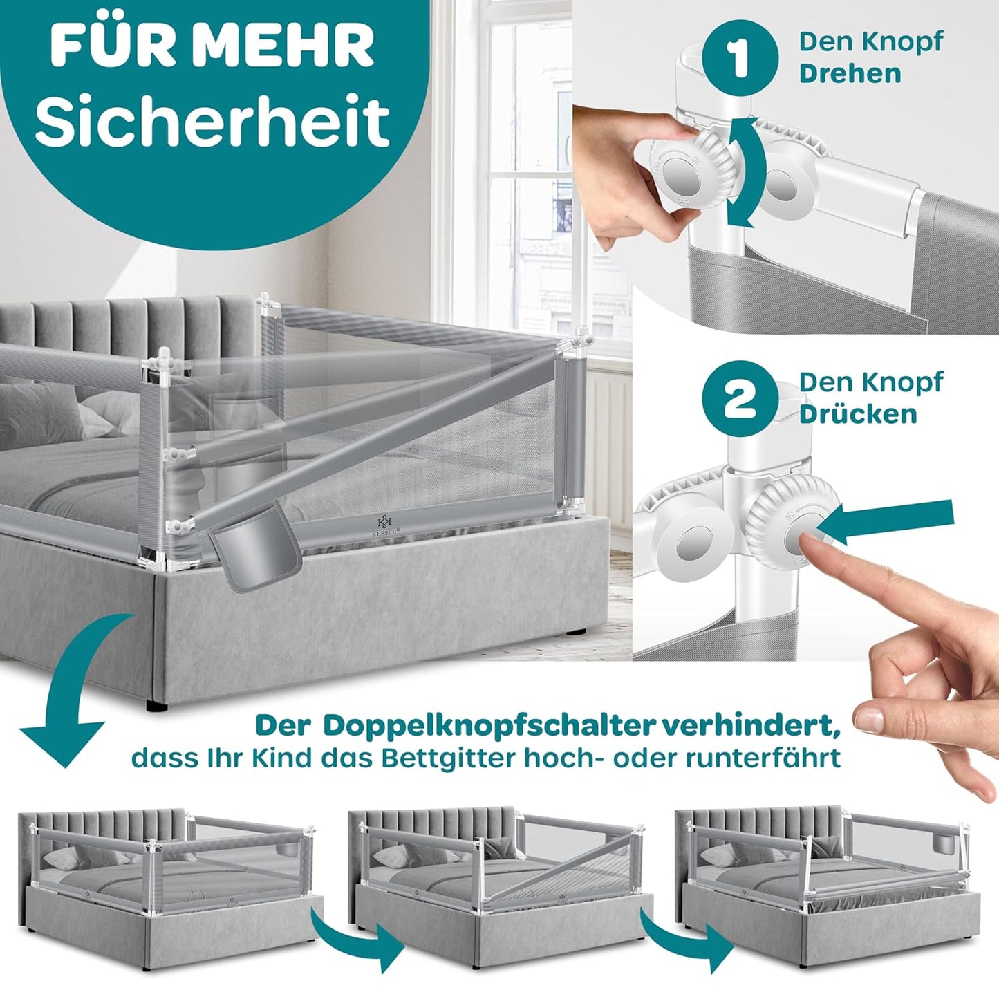 Bettschutzgitter klappbar & höhenverstellbar 180 cm, Hellgrau 180cm