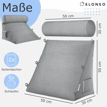 Verstellbares Rückenkissen mit Nackenrolle, Grau 50 cm