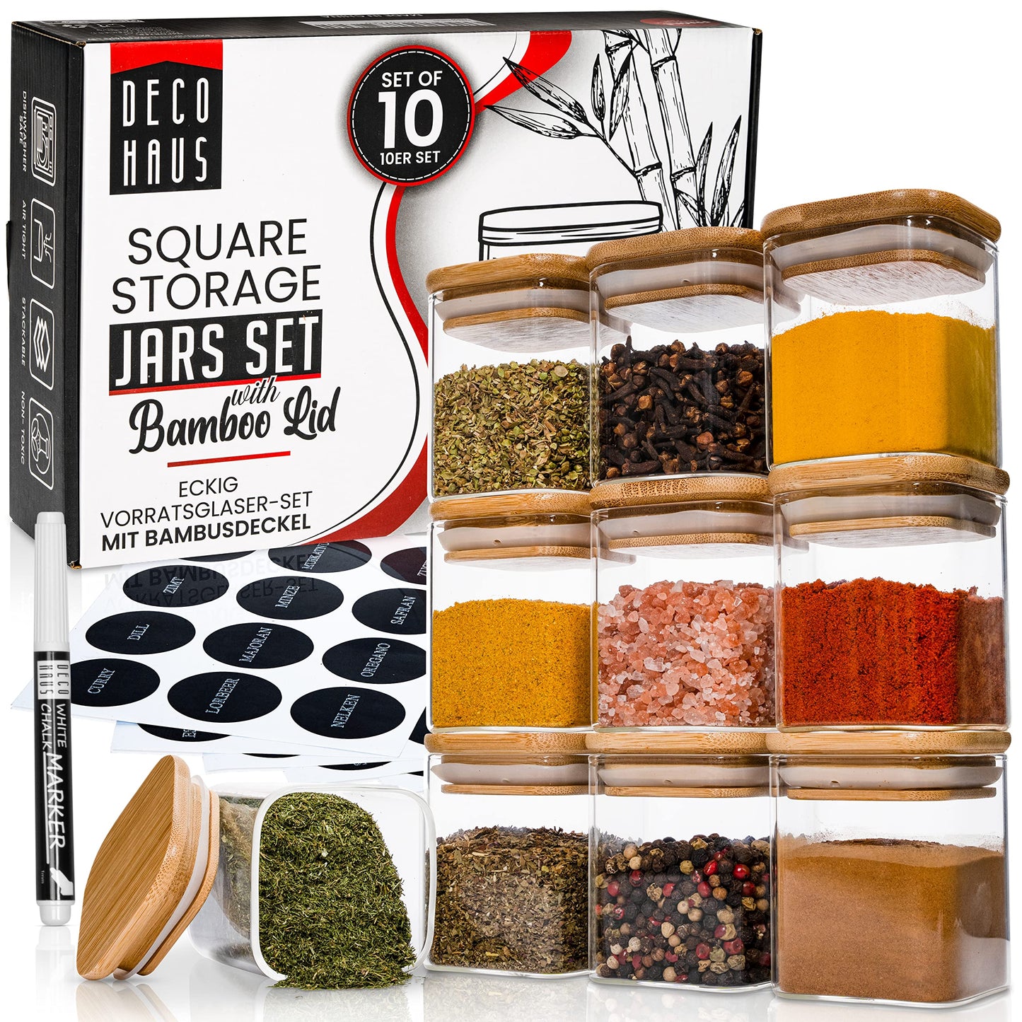 Gewürzgläser-Set mit Deckel, 10 Set Eckig