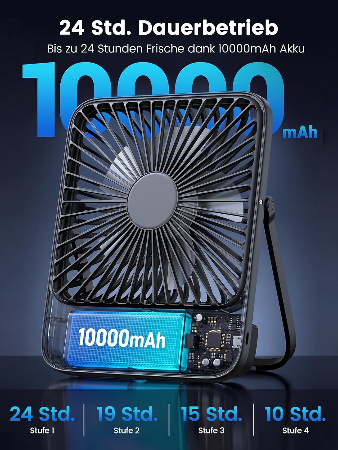 Tragbarer Akku-Tischventilator, Schwarz