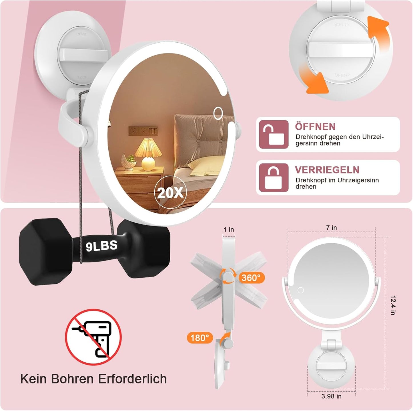 Vergrösserungsspiegel mit Saugnapf & Beleuchtung 20x