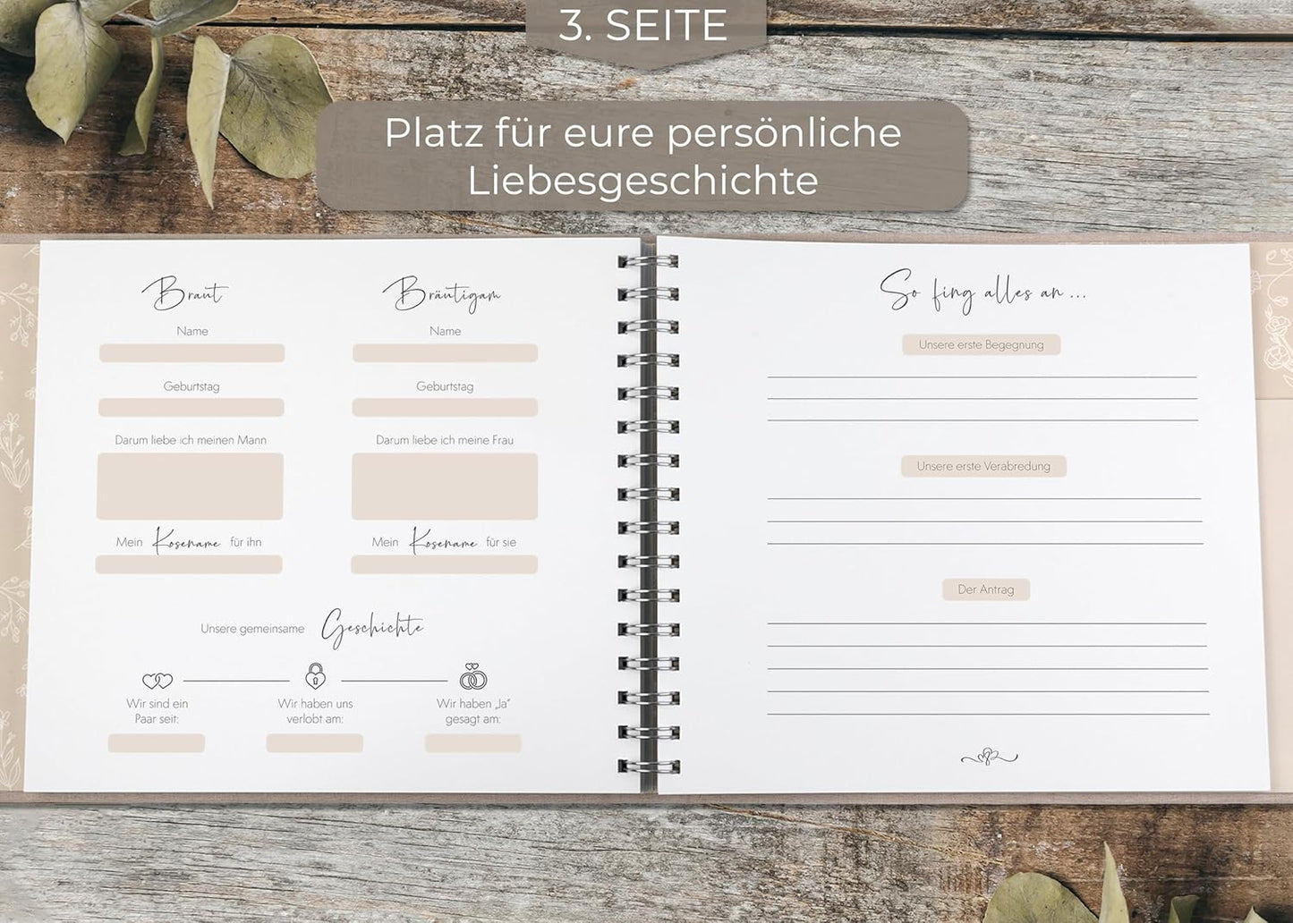 Gästebuch für Hochzeiten, mit Fragen Sandbeige