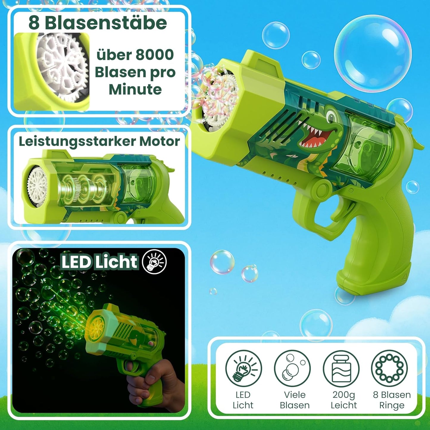 Seifenblasenpistole mit LED und Seifenflüssigkeit, grün