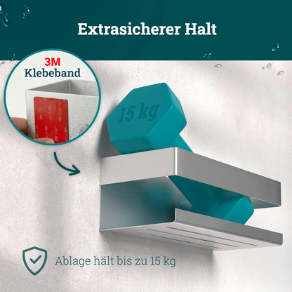 Duschablage ohne Bohren mit Haken & Ablaufrillen, Edelstahl Gebürstet