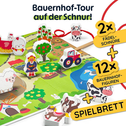 Fädelspiel Bauernhof mit Holzfiguren und Spielbrett