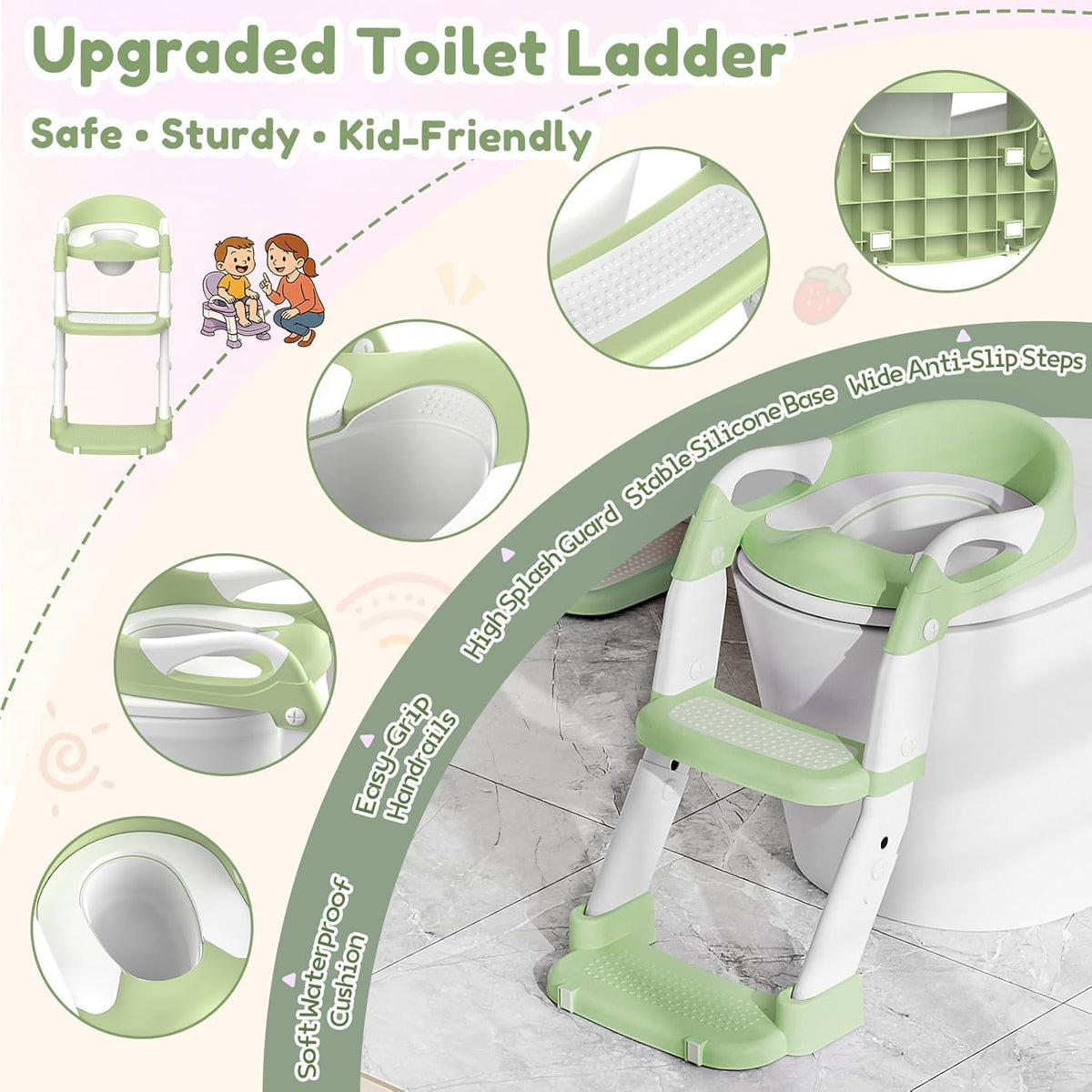 3-in-1 Toilettensitz mit Treppe für Kinder, Grün
