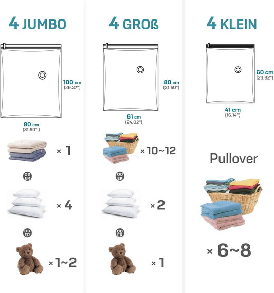 Vakuumbeutel-Set für Kleidung (12 Stück), 12 Stück (4XL + 4L + 4S)