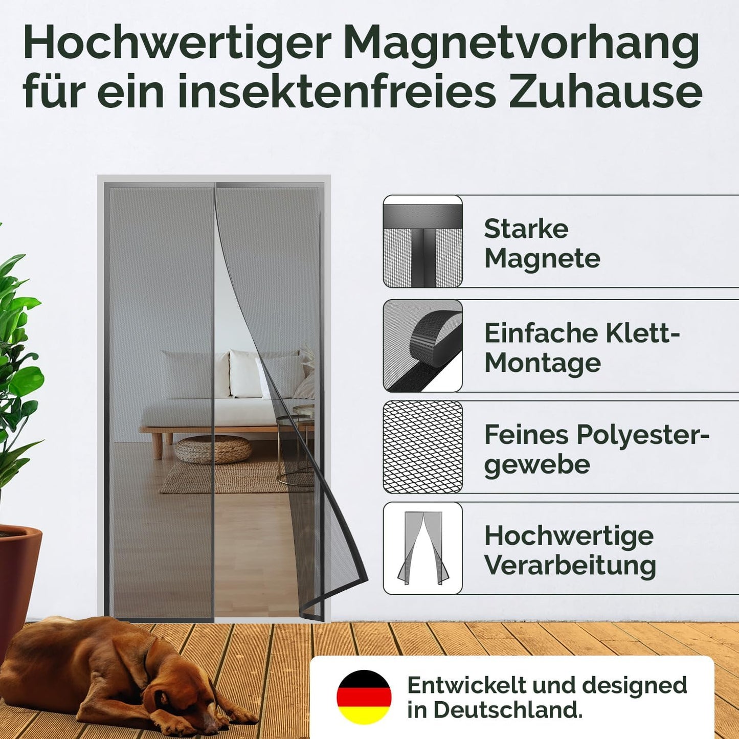 Fliegengitter Tür mit Magnetverschluss 90x210 cm, Schwarz 90 x 210 cm