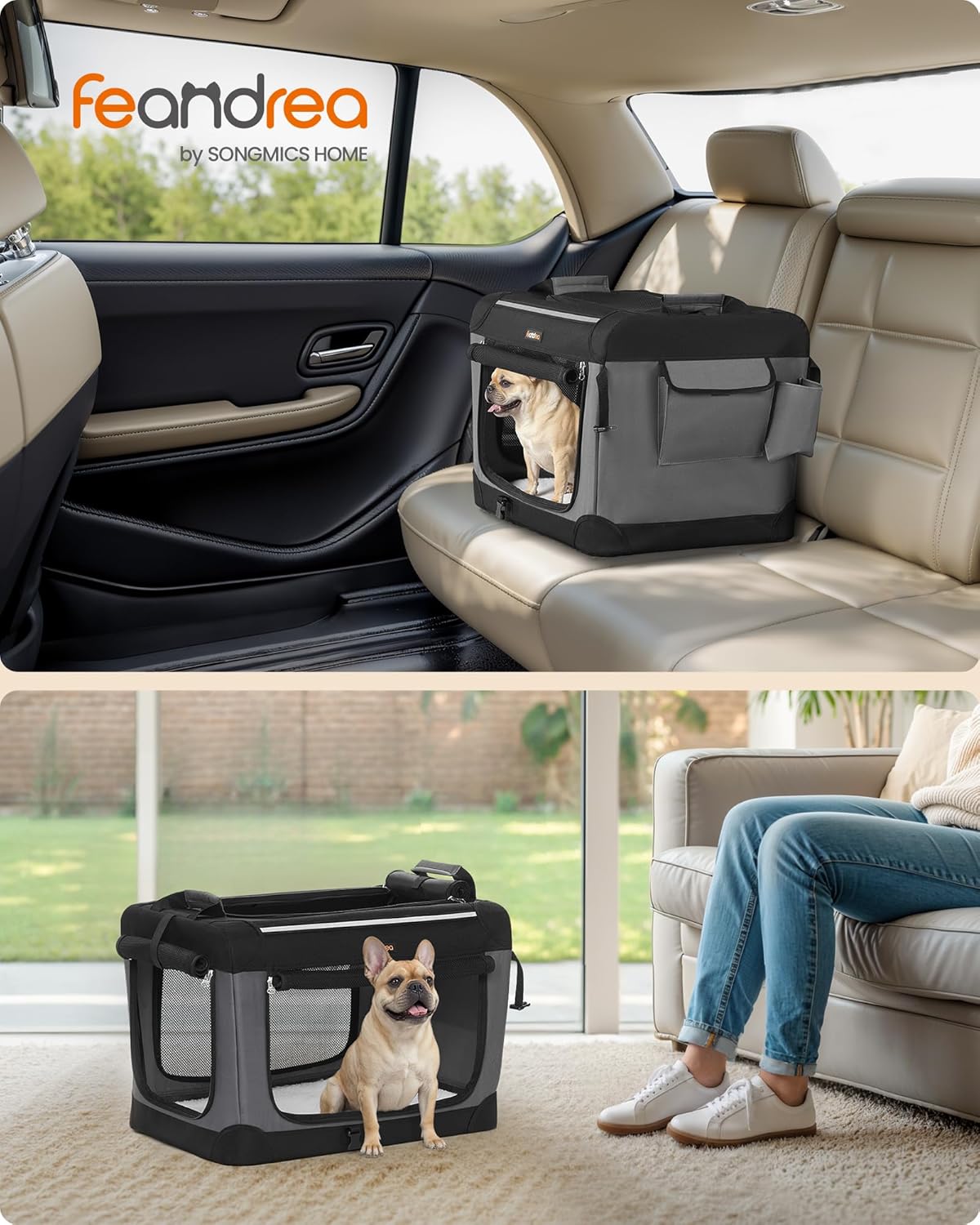 Faltbare Hundetransportbox mit 4 Türen, Griffen und Taschen, PDC016B01, M (60 x 42 x 42 cm)
