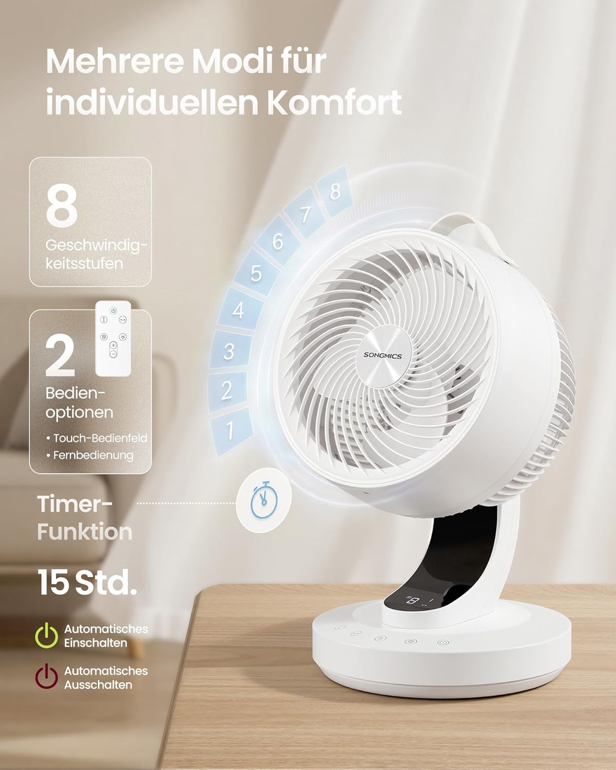 Tischventilator XFC001W1EU mit 70° Oszillation und Timer, Wolkenweiss