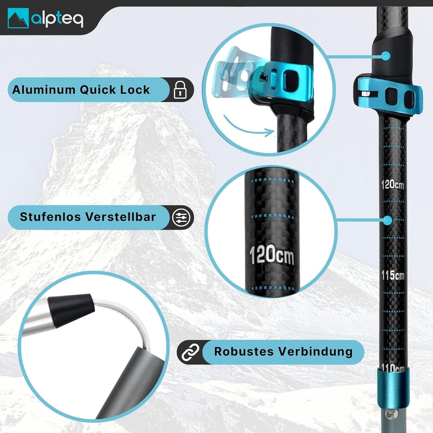 Faltbare Trekkingstöcke, Carbon Zicral 110-130 cm | Blue Teal