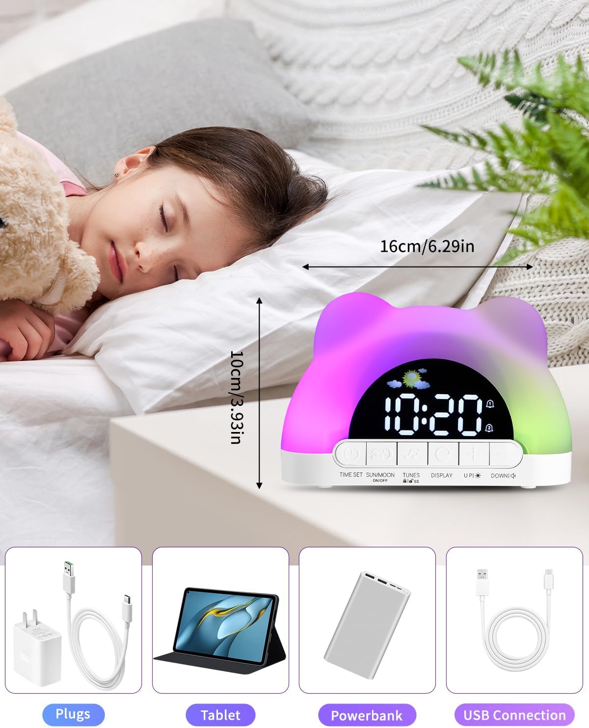 Wecker für Kinder mit 10 Klängen & 11 RGB-Farben, Bunt