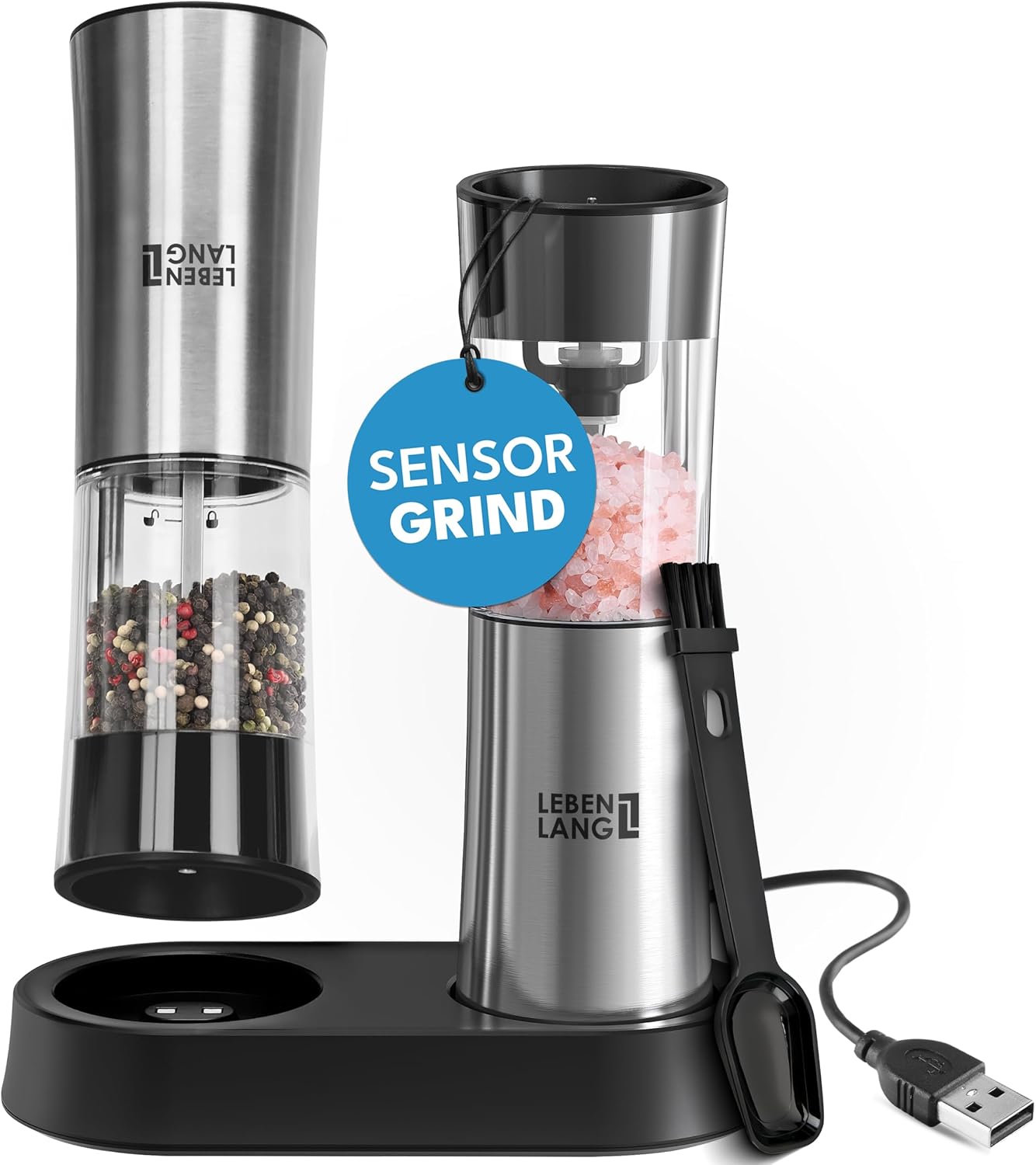 Elektrisches Salz- und Pfeffermühlen-Set mit Kipp-Sensor, Schwarz / Silber - Salz und Pfefferm&#xFC;hle Elektrisch Set