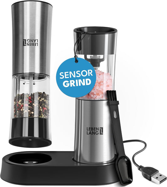 Elektrisches Salz- und Pfeffermühlen-Set mit Kipp-Sensor, Schwarz / Silber - Salz und Pfefferm&#xFC;hle Elektrisch Set