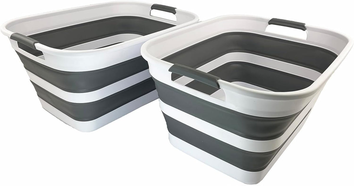 Faltbarer Wäschekorb (27L, 2er-Set), 2 Weiß/Stahlgrau