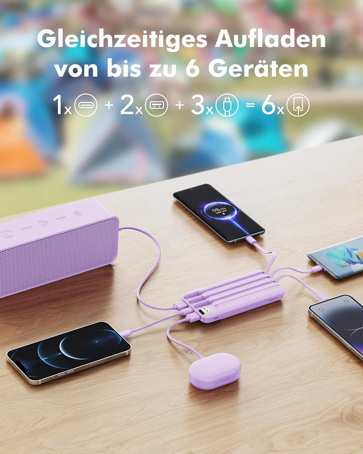 Powerbank mit 3 verschiedenen Ausgangskabeln, 20000mAh Lila