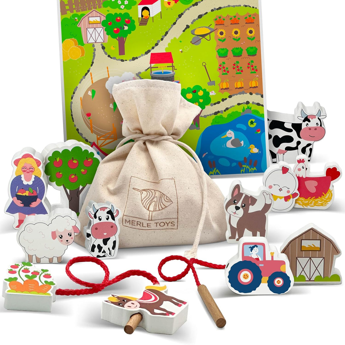 Fädelspiel Bauernhof mit Holzfiguren und Spielbrett