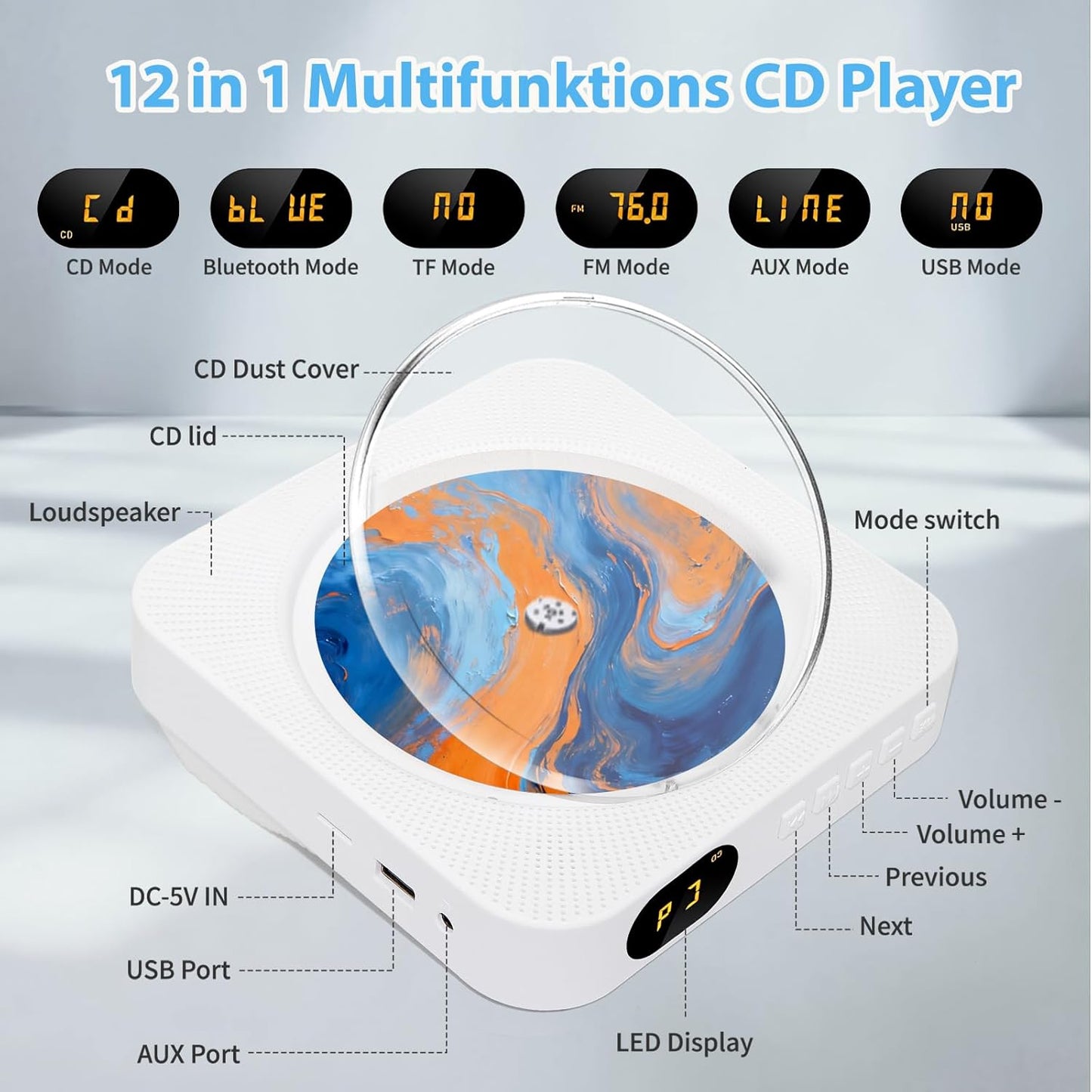 Tragbarer Bluetooth-CD-Player mit HiFi-Lautsprechern, Weiß