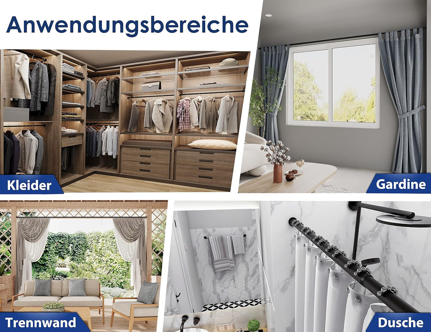 Teleskop-Gardinenstange ohne Bohren, 360-410 cm, 360-410 cm Matt Schwarz