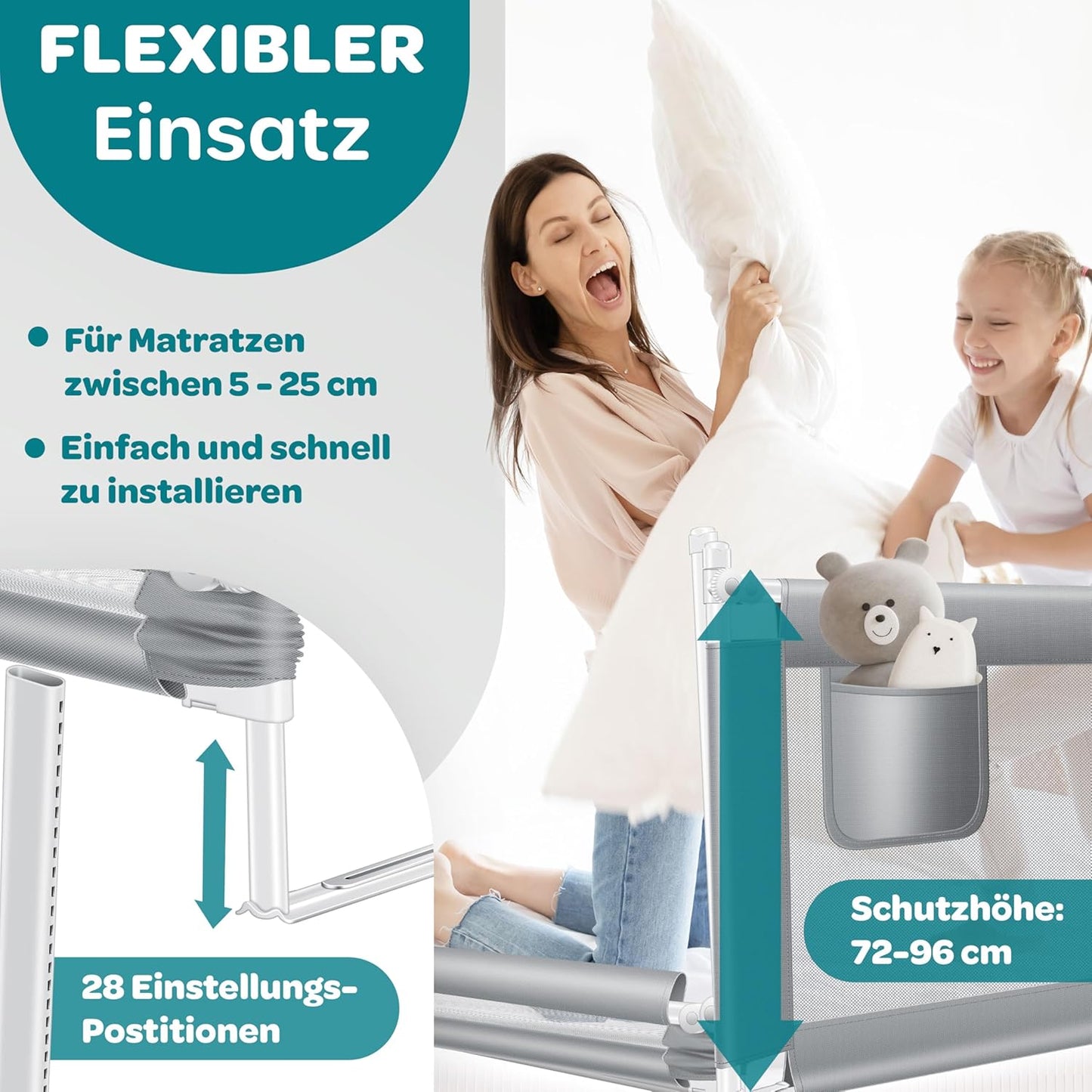 Bettschutzgitter klappbar & höhenverstellbar 180 cm, Hellgrau 180cm