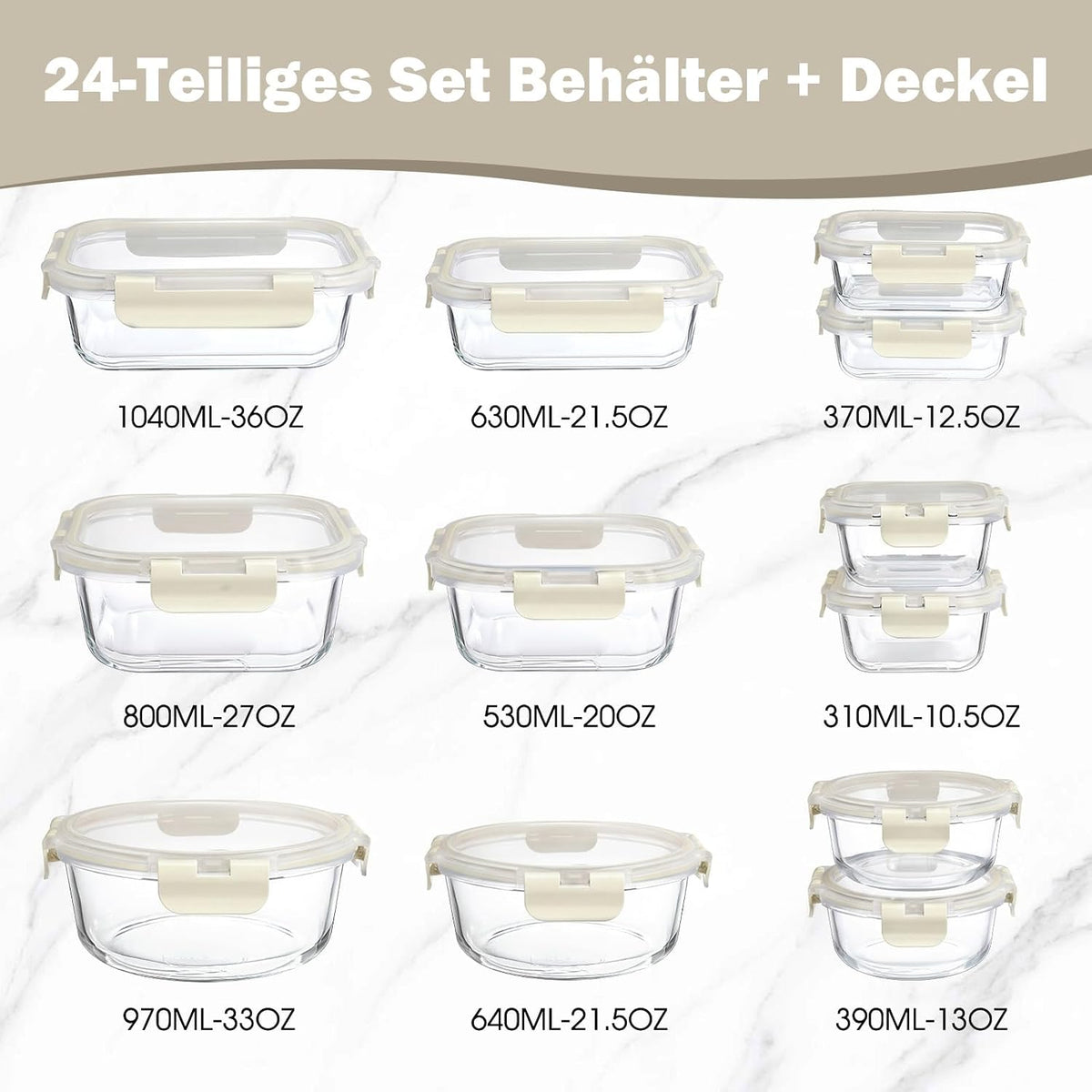 Meal Prep Boxen Glas mit Deckel, stapelbar, Weiss-12 Stück