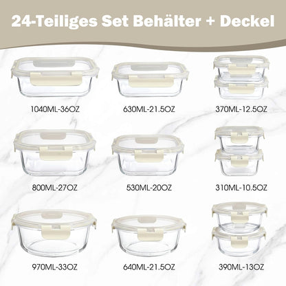 Meal Prep Boxen Glas mit Deckel, stapelbar, Weiss-12 Stück