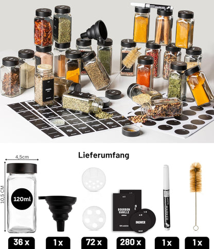 36er-Set Gewürzgläser mit 280 Etiketten, Stift, Reinigungsbürste & Trichter, 36er Set - Schwarz deckel