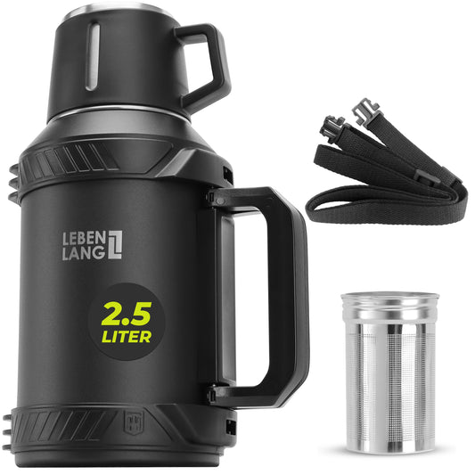 Outdoor-Thermosflasche mit Becher, Teesieb und Tragegurt, 2500 ml