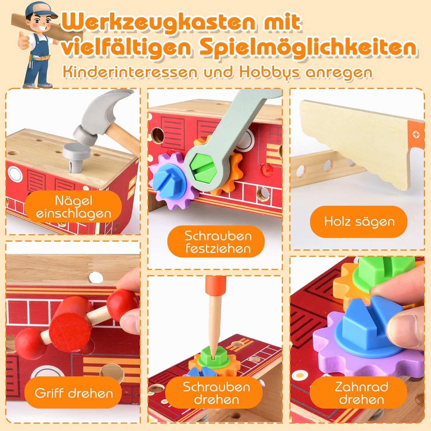 2-in-1 Werkzeugkoffer für Kinder, 2-in-1 Feuerwehrauto