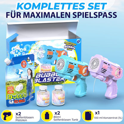 2er Seifenblasenpistolen-Set mit LED und Nachfüllkonzentrat, Blau + Lila