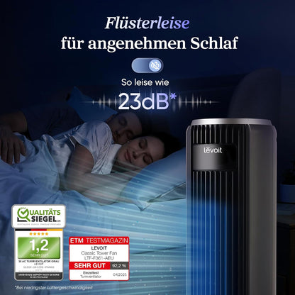 Leiser Turmventilator mit Fernbedienung und Timer, Intelligentes Schlafmodus Mattgrau