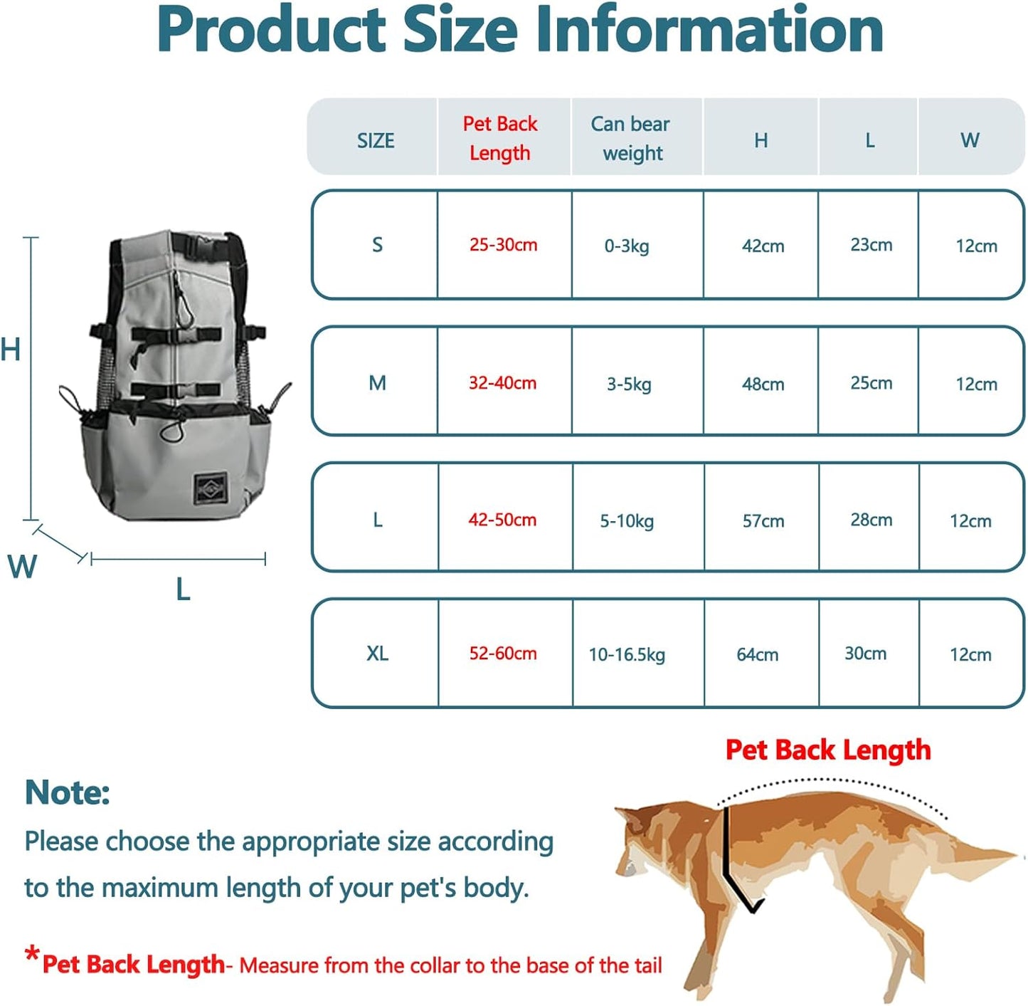 Verstellbarer Hundetragerucksack bis 10 kg, L, Grau