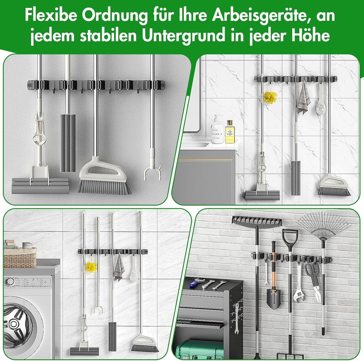 Besenhalterung mit 5 Halter und 4 Haken, L Schwarz