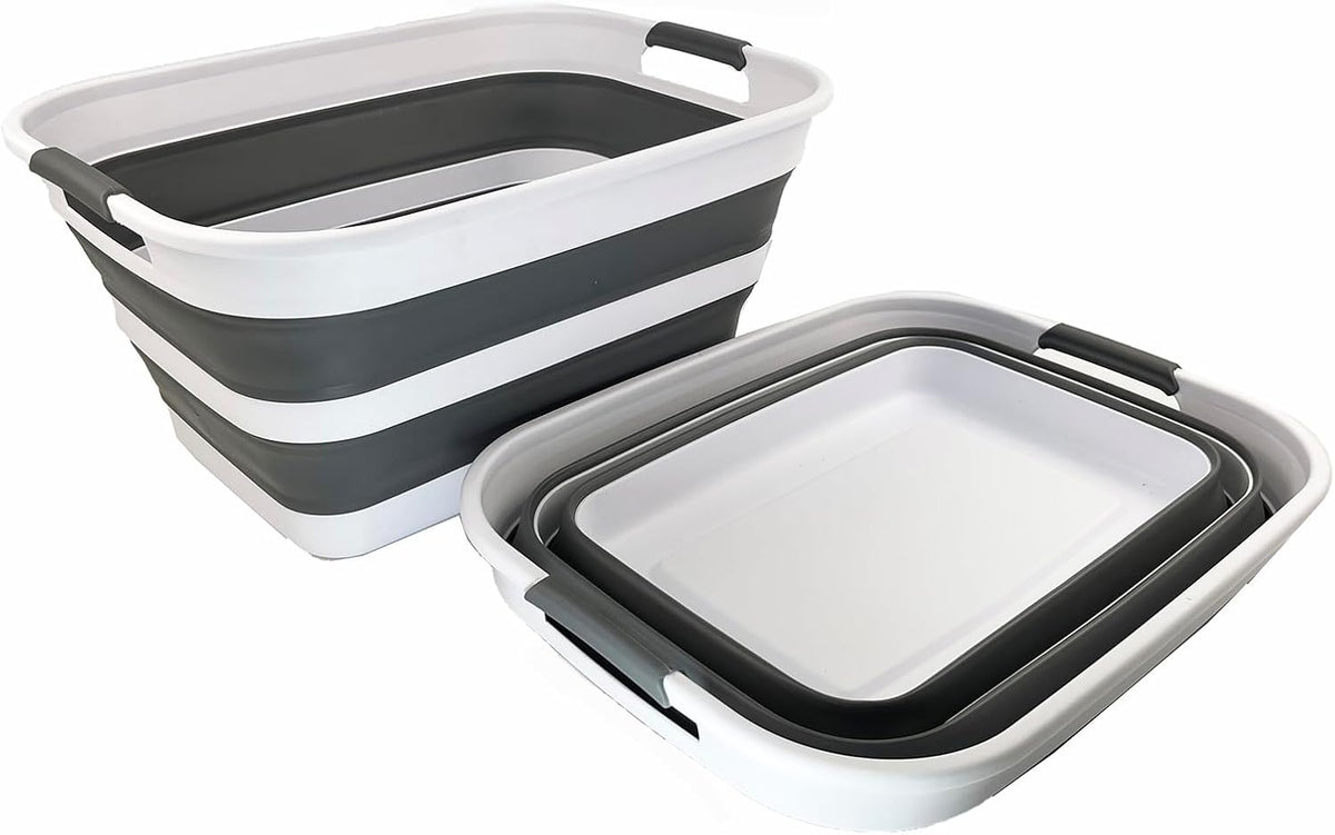 Faltbarer Wäschekorb (27L, 2er-Set), 2 Weiß/Stahlgrau