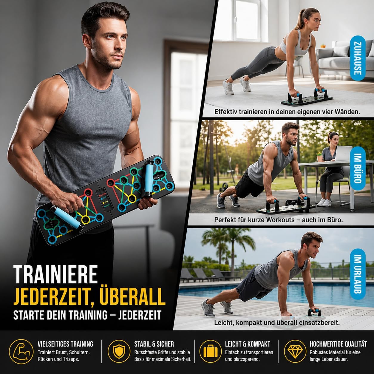 17-in-1 Push-Up Board mit Griffen, Schwarz