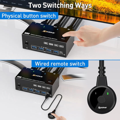 KVM Switch für 2 Computer, 3 Monitore, USB 3.0, 2X3 DP + DHMI KVM kein EDID