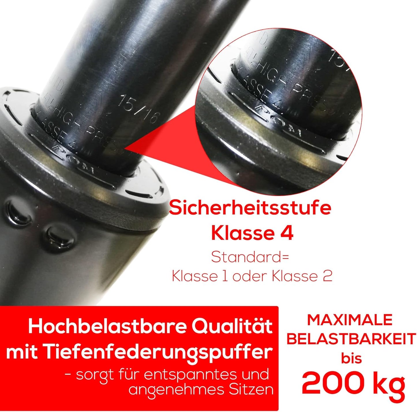 Gasfeder für Bürostuhl bis 200 kg Belastung, 255 mm