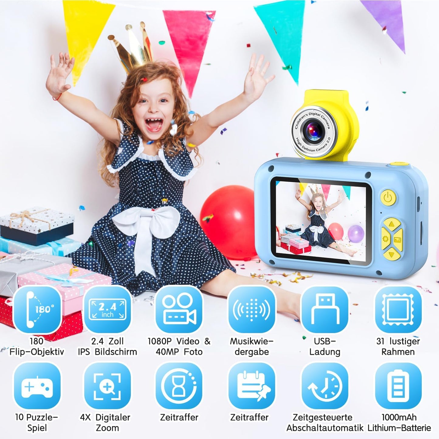 Kinderkamera mit 180° Flip-Objektiv & IPS-Bildschirm, Blau