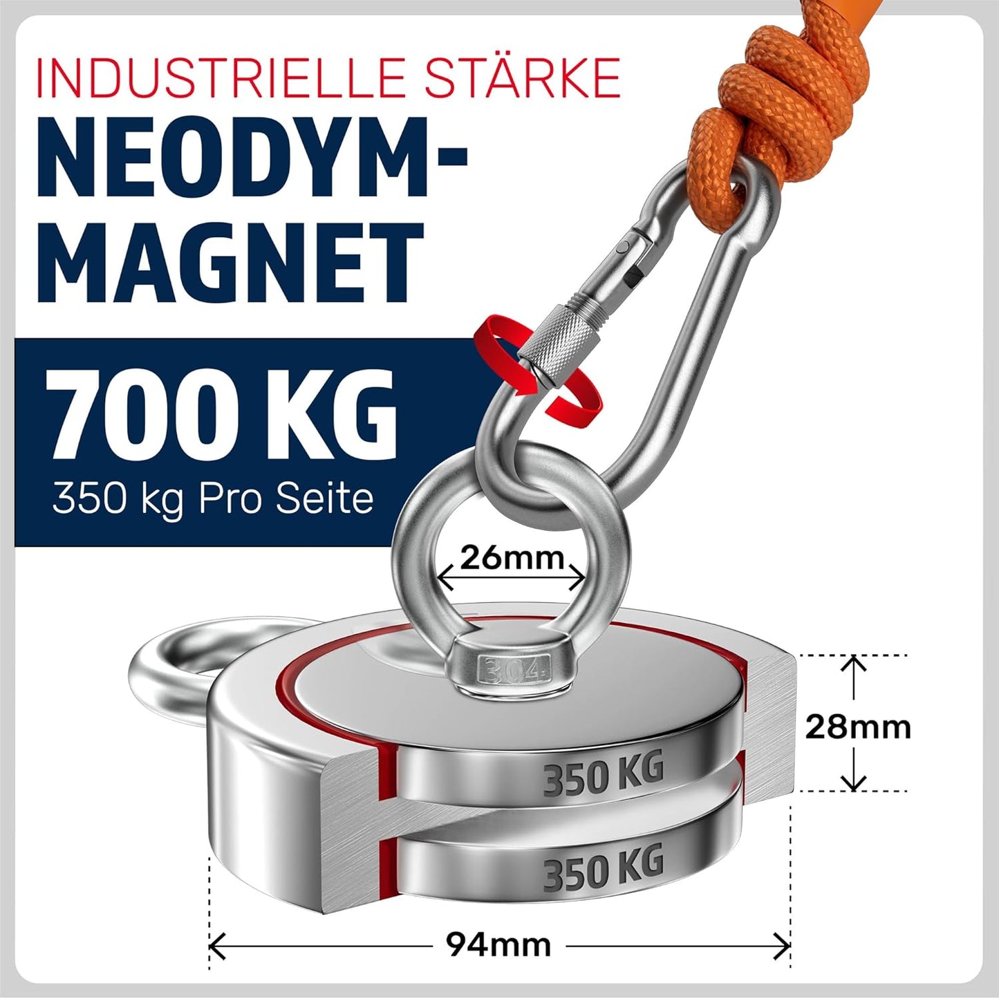 Magnetfischen Set - Neodym Magnet 700 KG mit Seil & Handschuhe, Ø 94 mm