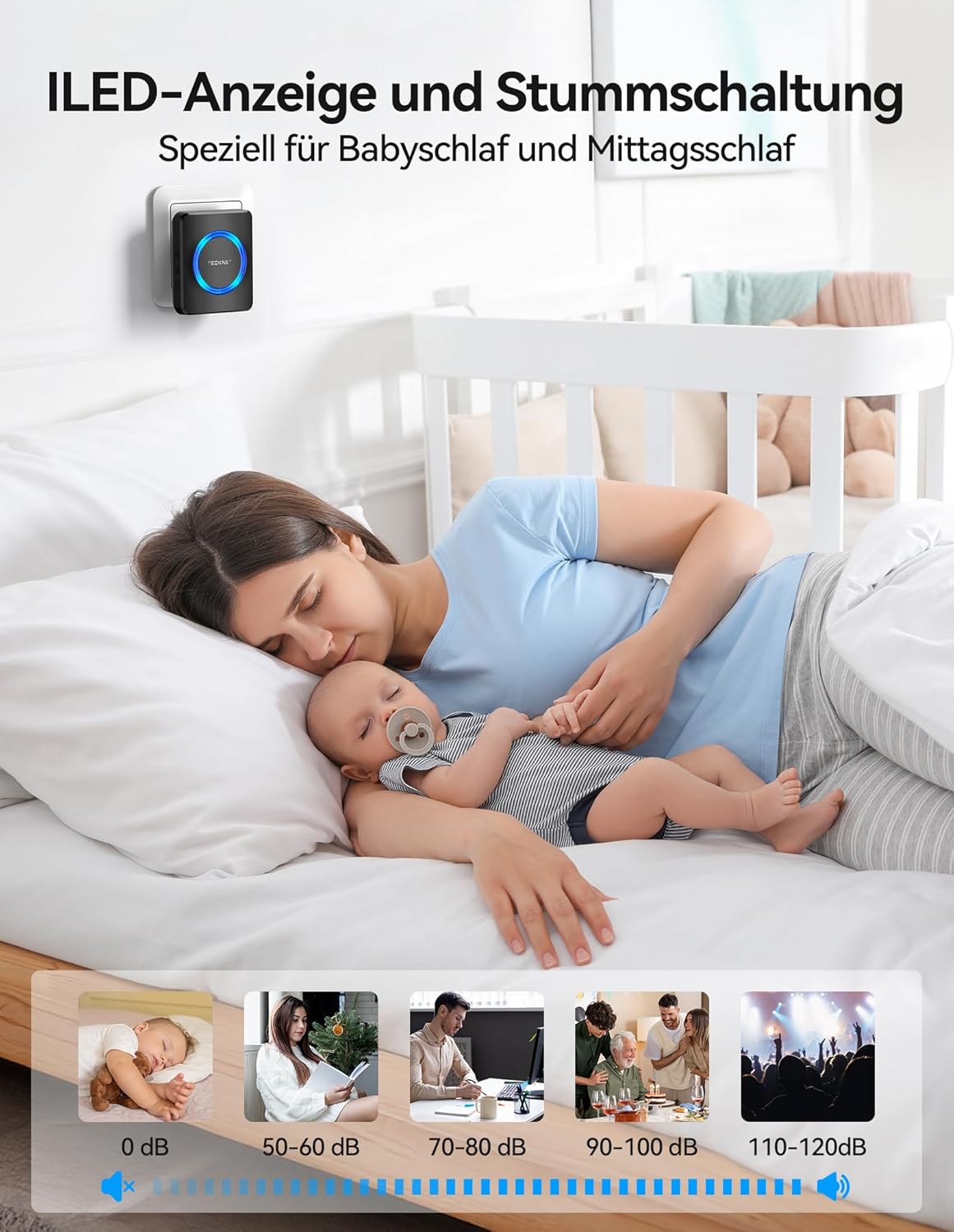 Funkklingel-Set mit 600m Reichweite, 1 Plug-In-Empfänger und 2 Sender, Schwarze Leds